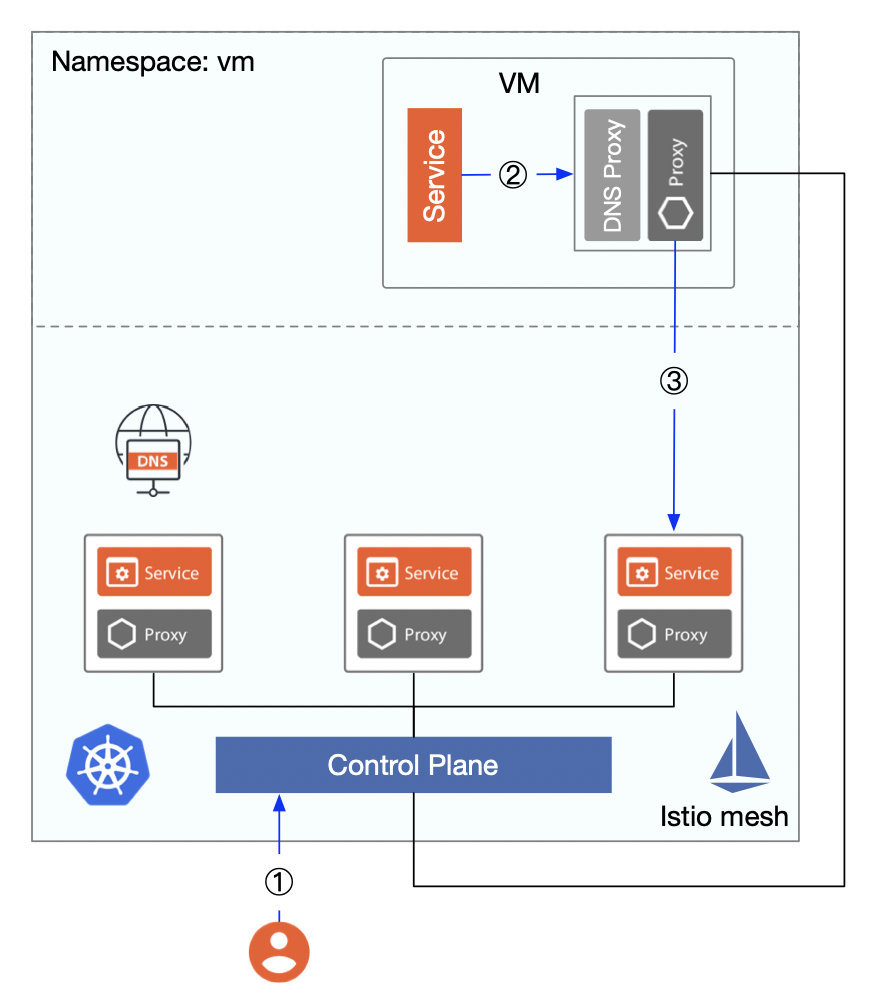 图三：引入了智能 DNS 代理后虚拟机访问 mesh 内服务的流程